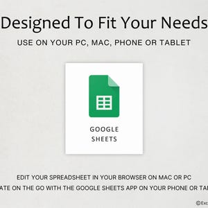 May include: A digital graphic featuring the green Google Sheets logo centered on a white square. Text reads: Designed To Fit Your Needs, USE ON YOUR PC, MAC, PHONE OR TABLET, EDIT YOUR SPREADSHEET IN YOUR BROWSER ON MAC OR PC, and ExclusiveDesignLab.