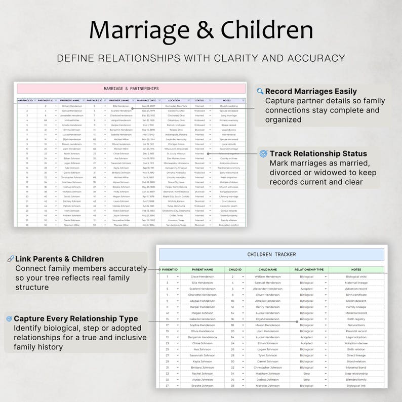 May include: A digital document titled "Marriage & Children" with the text "Define Relationships with Clarity and Accuracy." The document includes tables for marriage and children, with sections for recording marriages, tracking relationship status, and linking parents and children.