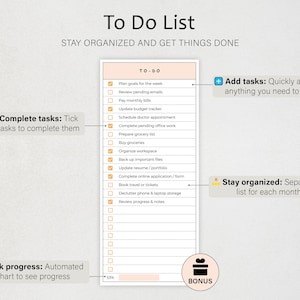May include: A digital to-do list template featuring a vertical layout with a peach-colored header labeled TO-DO. The list includes multiple rows with checkboxes, task descriptions, and a progress bar at the bottom showing 53% completion.