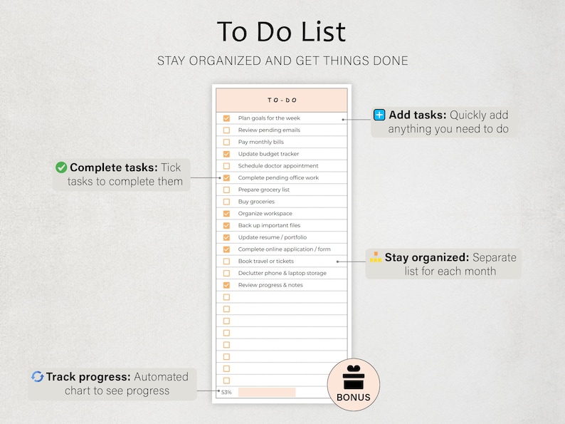 May include: A digital to-do list template featuring a vertical layout with a peach-colored header labeled TO-DO. The list includes multiple rows with checkboxes, task descriptions, and a progress bar at the bottom showing 53% completion.
