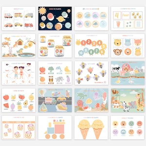 May include: A collection of educational printables for children, featuring colorful illustrations. The images include topics like planets, weather, numbers, animals, body parts, colors, fruits, vehicles, ocean life, shapes, and emotions.