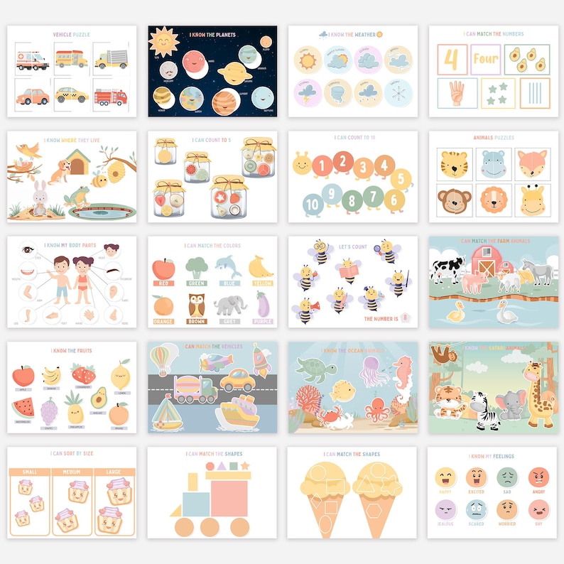 May include: A collection of educational printables for children, featuring colorful illustrations. The images include topics like planets, weather, numbers, animals, body parts, colors, fruits, vehicles, ocean life, shapes, and emotions.