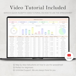 Peut inclure: Un &eacute;cran d'ordinateur portable affichant un tableur de suivi de r&eacute;novation avec des donn&eacute;es financi&egrave;res et des graphiques. Le texte "Video Tutorial Included" est en haut, avec une ic&ocirc;ne YouTube. Le texte inclut "Instructions &eacute;tape par &eacute;tape" et "Support illimit&eacute;."