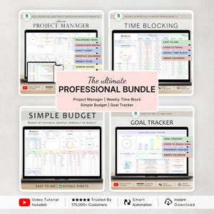 May include: A digital professional bundle for Google Sheets featuring four distinct templates: Project Manager, Time Blocking, Simple Budget, and Goal Tracker. Each template displays colorful charts, tables, and task lists on laptop screens with text labels.