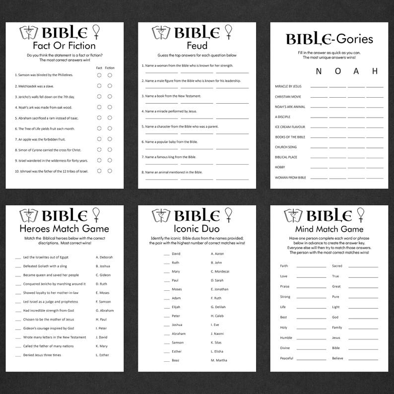 May include: A printable Bible-themed game set with six different game boards. The games include Fact or Fiction, Feud, Bible-Gories, Heroes Match Game, Iconic Duo, and Mind Match Game. The games are designed for a group of people to play together.