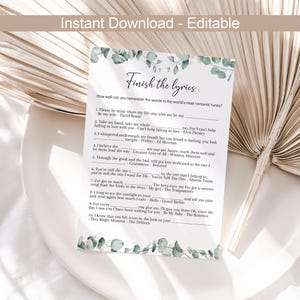 Finish The Lyrics Bridal Shower Game Music Party Game Love Songs Wedding Shower Reception Song Game Eucalyptus Couple Shower EDITABLE