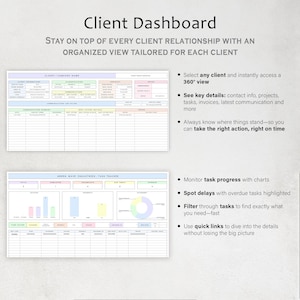 Puede incluir: Un panel de control del cliente con el t&iacute;tulo "Client Dashboard" en la parte superior. El panel incluye una secci&oacute;n de informaci&oacute;n del cliente y un rastreador de tareas con gr&aacute;ficos. El texto dice: "Mant&eacute;ngase al tanto de cada relaci&oacute;n con el cliente con una vista organizada."