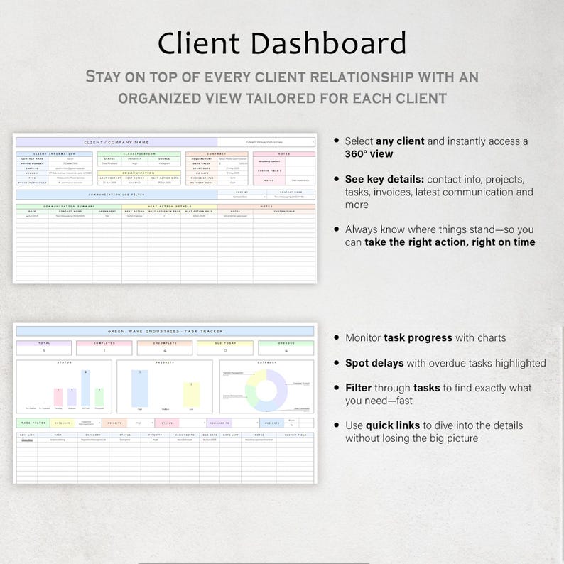 Puede incluir: Un panel de control del cliente con el t&iacute;tulo "Client Dashboard" en la parte superior. El panel incluye una secci&oacute;n de informaci&oacute;n del cliente y un rastreador de tareas con gr&aacute;ficos. El texto dice: "Mant&eacute;ngase al tanto de cada relaci&oacute;n con el cliente con una vista organizada."