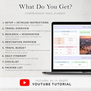 May include: A laptop screen displaying a travel planner template with a list of features, including setup, travel overview, research, destination overview, travel budget, daily itinerary, checklist, and packing list. The screen also shows a countdown timer, currency converter, and budget overview. The text "What Do You Get?" is at the top of the screen. The text "Includes an in-depth YOUTUBE TUTORIAL" is at the bottom of the screen.