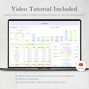 May include: A laptop screen shows a financial spreadsheet with charts and graphs. The text "Video Tutorial Included" and "Watch on YouTube" are visible. The spreadsheet includes sections for assets, debts, and estate summaries.