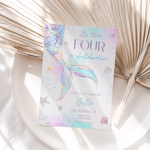 May include: A rectangular invitation card featuring a watercolour mermaid tail with iridescent scales, starfish, and seashells. The text reads: It's time FOUR a shellabration! OUR LITTLE MERMAID Bella IS TURNING 4, with address and phone details.