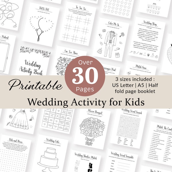 Può includere: Libro di attività di matrimonio stampabile per bambini con oltre 30 pagine di attività, tra cui punto a punto, tris, colorare, parole crociate e molto altro. Il libro è disponibile in tre formati: US Letter, A5 e libretto a mezza pagina.
