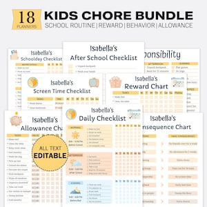 Tabella delle faccende domestiche per bambini, tabella delle ricompense, monitoraggio delle indennità, tempo trascorso davanti allo schermo, routine scolastica, comportamento, responsabilità, checklist giornaliera, pianificatore settimanale, modificabile