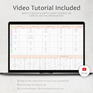 May include: A laptop displaying a spreadsheet with meal planning and shopping list sections. The screen shows a detailed table with rows for meals and a shopping list. Text on the screen includes "Video Tutorial Included" and "Watch on YouTube."