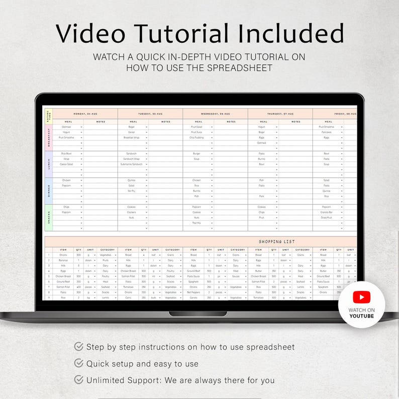 May include: A laptop displaying a spreadsheet with meal planning and shopping list sections. The screen shows a detailed table with rows for meals and a shopping list. Text on the screen includes "Video Tutorial Included" and "Watch on YouTube."