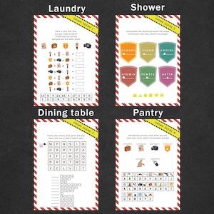 May include: Four game cards with a crime scene theme. Each card has a different puzzle, including unscrambling words and solving riddles. The cards are labeled "Laundry", "Shower", "Dining table", and "Pantry". The cards have a red and white striped border.