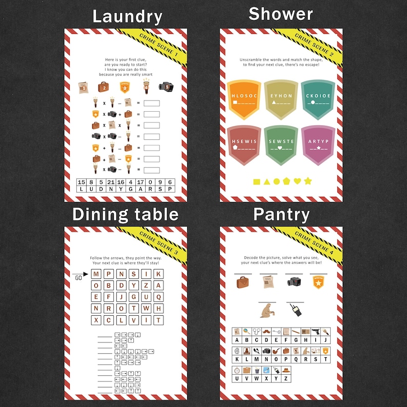 May include: Four game cards with a crime scene theme. Each card has a different puzzle, including unscrambling words and solving riddles. The cards are labeled "Laundry", "Shower", "Dining table", and "Pantry". The cards have a red and white striped border.