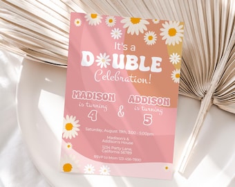 May include: Pink and orange birthday invitation with a daisy pattern. It's a Double Celebration! Madison is turning 4 & Addison is turning 5. Saturday, August 19th, 3:00-5:00pm. Madison's & Addison's House. 1234 Party Lane, California 56789. RSVP to Mom 123-456-7890.