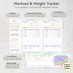 May include: A workout and weight tracker with the text "Workout & Weight Tracker" and "Plan Smarter, Train Better, Progress Faster." The tracker includes sections for rest days, muscle group workouts, and tracking progress. It also features a cardio planner and weight tracker.