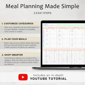 May include: A laptop displays a meal planning template with a spreadsheet layout. The screen shows a detailed weekly meal plan with categories and notes. Text on the screen reads "Meal Planning Made Simple" and "3 Easy Steps". A YouTube tutorial is included.