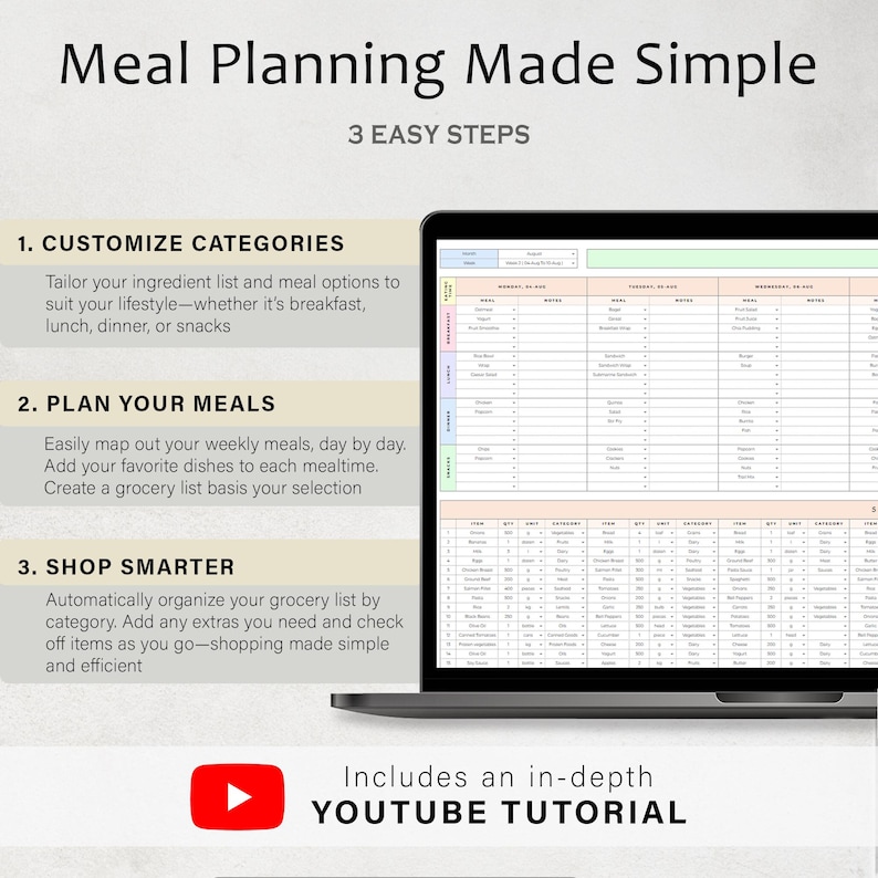 May include: A laptop displays a meal planning template with a spreadsheet layout. The screen shows a detailed weekly meal plan with categories and notes. Text on the screen reads "Meal Planning Made Simple" and "3 Easy Steps". A YouTube tutorial is included.