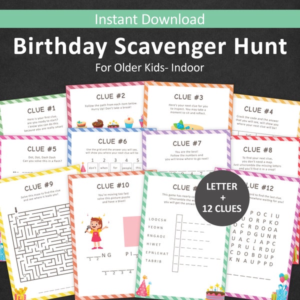 Birthday Treasure Hunt For Older Kids Birthday Scavenger Hunt For Teens Indoor Treasure Hunt Clues Puzzle Game Tween PRINTABLE Digital