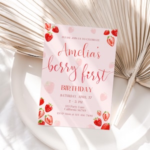 Berry First Birthday Invitation Strawberry Invitation Berry 1st Birthday Party Invite Girl Strawberries Theme EDITABLE Digital Instant S01