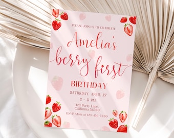 Berry First Birthday Invitation Strawberry Invitation Berry 1st Birthday Party Invite Girl Strawberries Theme EDITABLE Digital Instant S01
