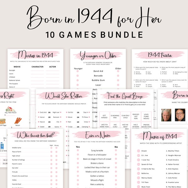 80th Birthday Games for Women 80th Birthday Party Games for Her Born in 1944 Game 1944 Trivia Quiz Activity Bundle Instant Digital PRINTABLE