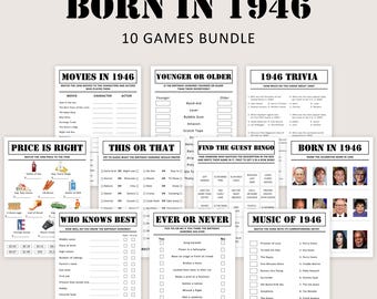 Lot de jeux 80e anniversaire Jeux de fête 80e anniversaire 1946 Anecdotes Né en 1946 80 ans Hommes Femmes Lui Son Quiz Imprimable numérique instantanée
