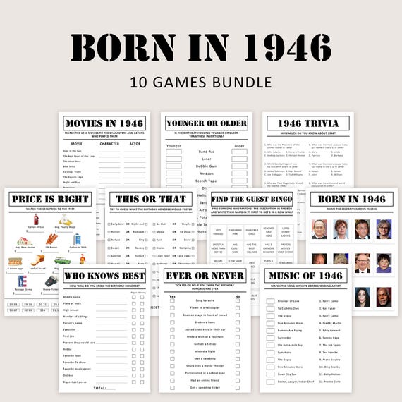 80th Birthday Games Bundle 80th Birthday Party Games 1946 Trivia Born in 1946 80 Year Old Men Women Him Her Quiz Printable Instant Digital