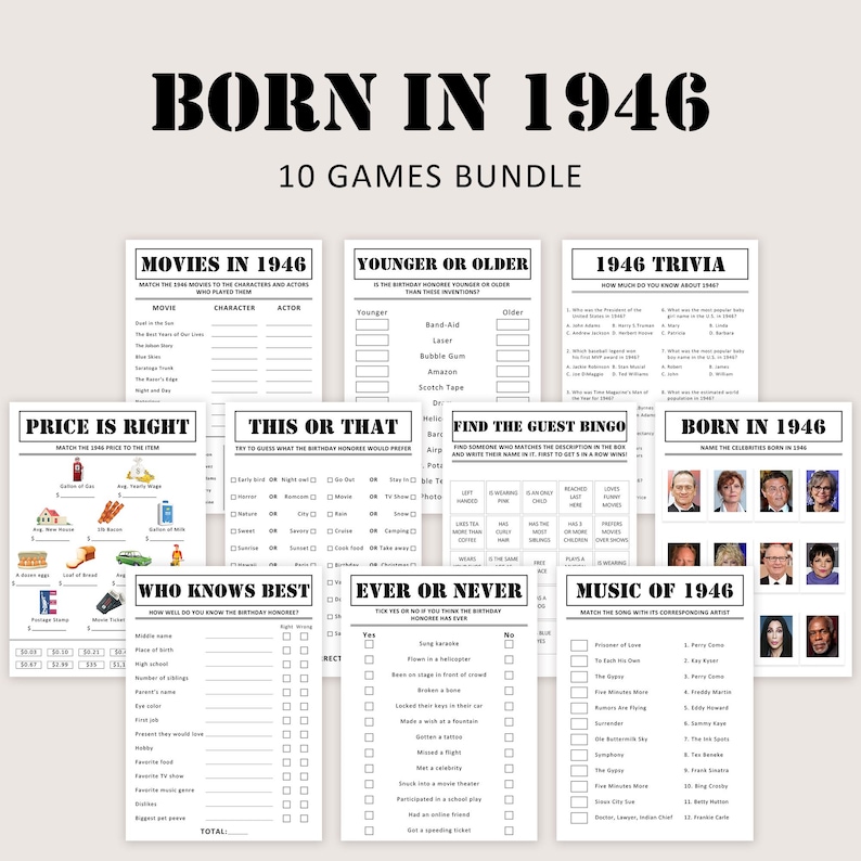 Puede incluir: Un paquete de diez juegos imprimibles con el tema "Nacido en 1946". Los juegos incluyen trivia, bingo y otras actividades divertidas. El texto en la parte superior dice "BORN IN 1946" y "10 GAMES BUNDLE".