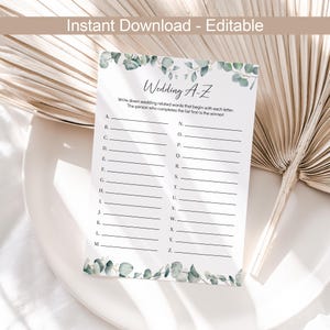 Wedding A-Z Game Alphabet Wedding Item Bridal A-Z Shower Alphabet Game Couple Shower Game Wedding ABCs Engagement Party A To Z Editable