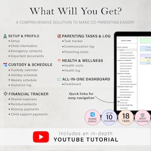 May include: A digital co-parenting solution displayed on a tablet. The image features a list of features including setup, custody, financial tracking, and health logs. The text also mentions a YouTube tutorial, share easily, up to 10 children, 18 tabs, and a smart calendar.