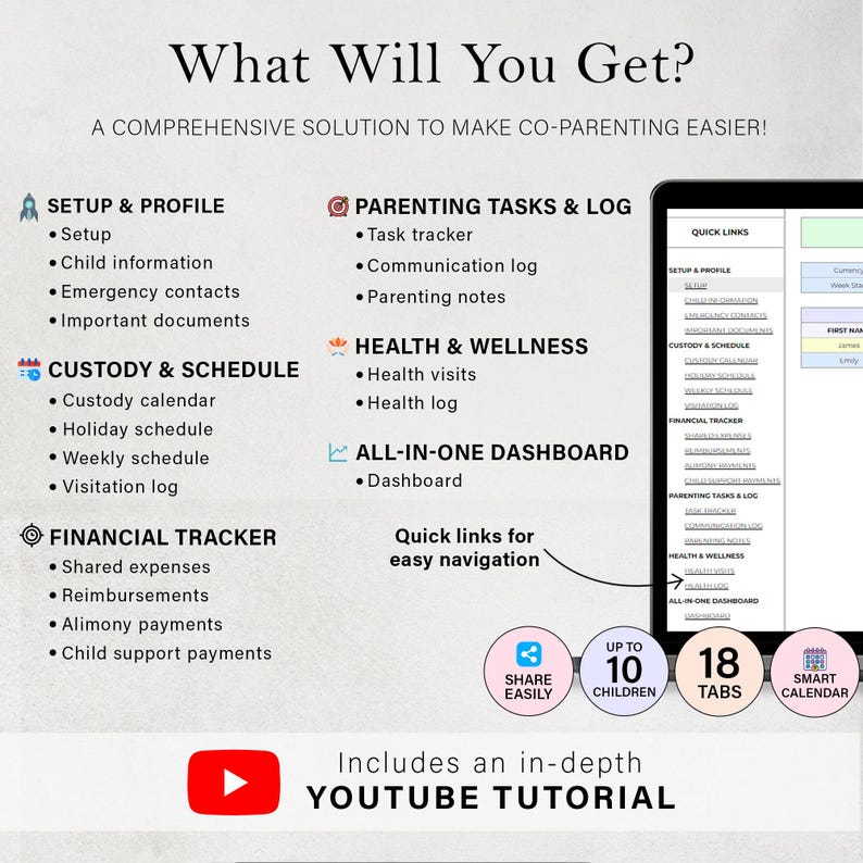 May include: A digital co-parenting solution displayed on a tablet. The image features a list of features including setup, custody, financial tracking, and health logs. The text also mentions a YouTube tutorial, share easily, up to 10 children, 18 tabs, and a smart calendar.