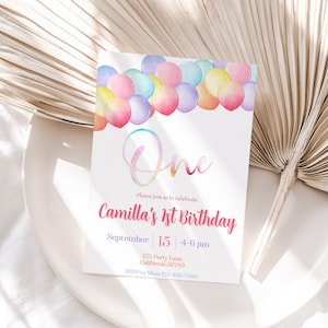 First Birthday Invitation Balloon 1st Birthday Invitation Balloons Party Invite First Birthday Colorful Theme EDITABLE Instant Digital