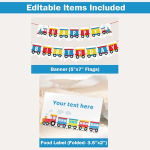 Op de afbeelding: Bewerkbare, afdrukbare feestversiering voor een trein-thema verjaardagsfeest. Bevat een banner met de woorden "Happy Birthday" en een voedseletiket met een treindesigne. De banner is 12,7 cm bij 17,8 cm en het voedseletiket is 8,9 cm bij 5,1 cm wanneer gevouwen.