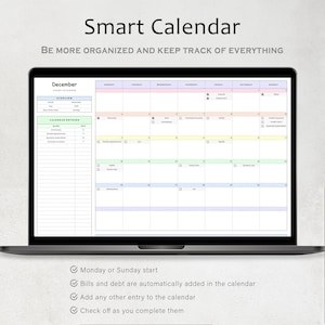 May include: A laptop screen displaying a digital calendar template for December. The calendar is designed to help users stay organized and keep track of appointments, bills, and other important events. The template features a checklist for each day of the month, allowing users to mark off tasks as they are completed. The text on the screen reads "Smart Calendar" and "Be more organized and keep track of everything."
