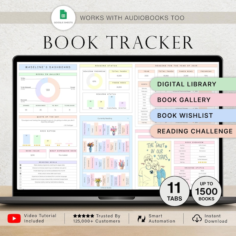 May include: A laptop screen displays a "Book Tracker" spreadsheet with various sections for tracking reading progress, including a digital library, book gallery, and reading challenge. The screen also shows the text "Works with Audiobooks Too."