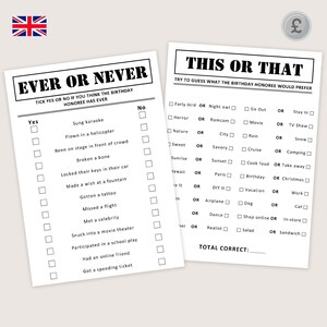 May include: Two white paper game sheets with black text. One sheet says "Ever or Never" with a list of questions. The other sheet says "This or That" with a list of choices. A British flag is in the upper left corner.