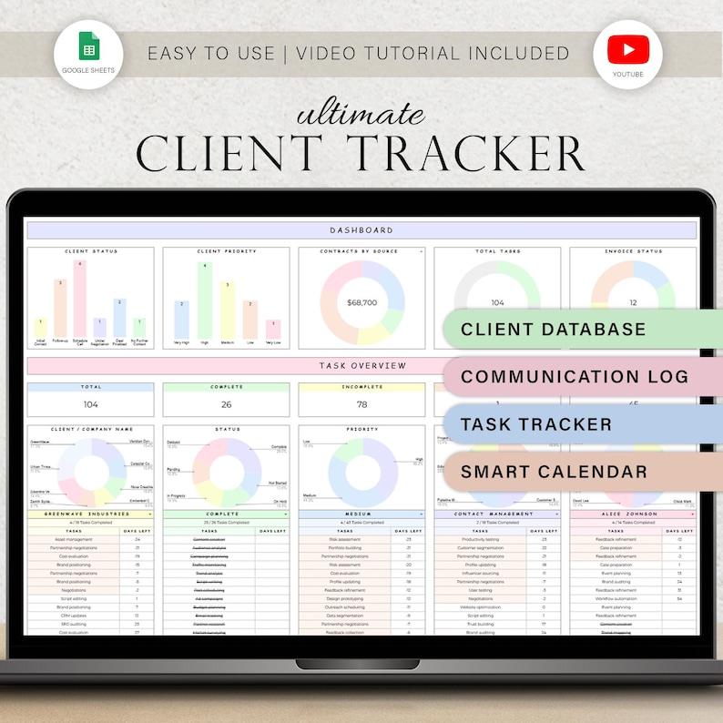 Puede incluir: Una pantalla de port&aacute;til que muestra una hoja de c&aacute;lculo digital de seguimiento de clientes. La hoja de c&aacute;lculo incluye gr&aacute;ficos y tablas de datos. El texto en la pantalla dice "Client Tracker", "Client Database", "Communication Log", "Task Tracker" y "Smart Calendar".