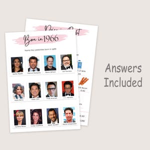 May include: Two white paper sheets with pink text and celebrity photos. The top sheet reads "Price is Right" and the bottom sheet says "Born in 1966" with celebrity names. The words "Answers Included" are on the right.