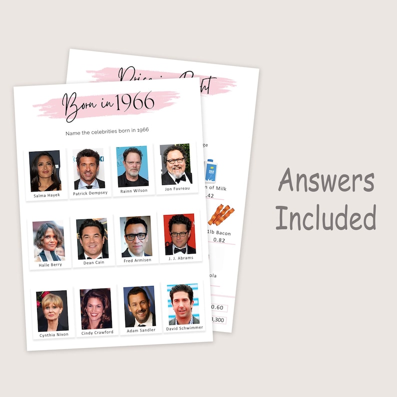 May include: Two white paper sheets with pink text and celebrity photos. The top sheet reads "Price is Right" and the bottom sheet says "Born in 1966" with celebrity names. The words "Answers Included" are on the right.