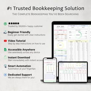 May include: A digital bookkeeping solution displayed on a laptop, tablet, and smartphone. The screen shows financial data, with the text "#1 Trusted Bookkeeping Solution" and "Beginner Friendly". The image also includes the text "Instant Download" and "Smart Automation".