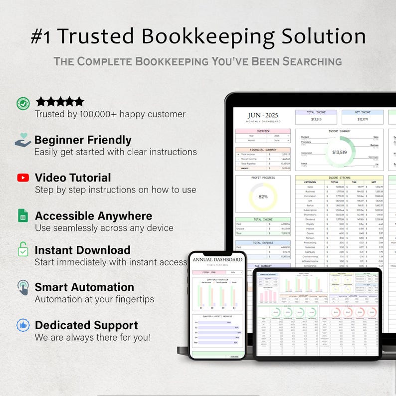 May include: A digital bookkeeping solution displayed on a laptop, tablet, and smartphone. The screen shows financial data, with the text "#1 Trusted Bookkeeping Solution" and "Beginner Friendly". The image also includes the text "Instant Download" and "Smart Automation".