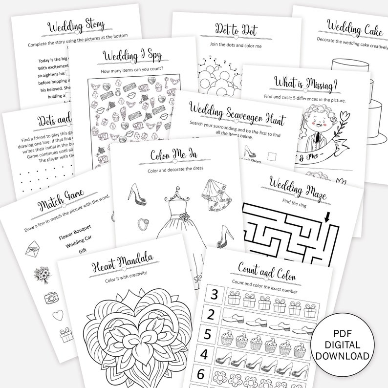 May include: A set of printable wedding-themed activity sheets for kids. The sheets include activities like dot-to-dot, color by number, find the differences, and a wedding maze. The sheets are black and white and ready to be colored.