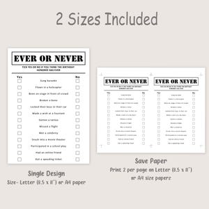 Puede incluir: Dos hojas de juego imprimibles "Ever or Never". Las hojas tienen una lista de enunciados con casillas de verificaci&oacute;n "S&iacute;" y "No". El texto "2 tama&ntilde;os incluidos" y "Dise&ntilde;o &uacute;nico" est&aacute;n en la parte superior e inferior. Tambi&eacute;n se incluye el texto "Ahorrar papel".