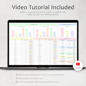 Puede incluir: Un ordenador port&aacute;til muestra una hoja de c&aacute;lculo con gr&aacute;ficos y datos, incluyendo una lista de embalaje y una lista de compras automatizada. La pantalla muestra que se incluye un tutorial en v&iacute;deo, con instrucciones paso a paso y soporte ilimitado. Un icono de YouTube es visible.