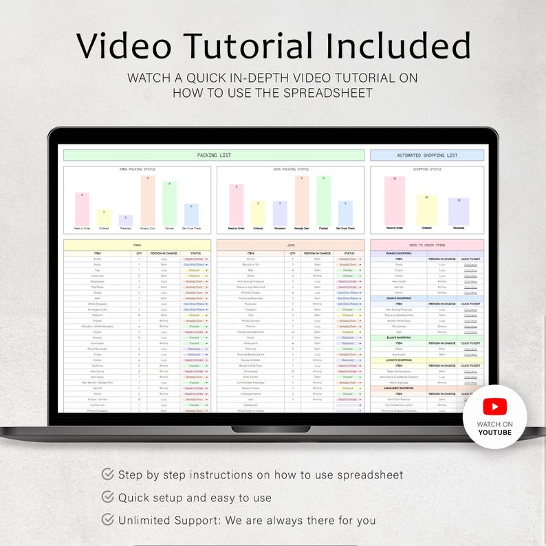 Puede incluir: Un ordenador port&aacute;til muestra una hoja de c&aacute;lculo con gr&aacute;ficos y datos, incluyendo una lista de embalaje y una lista de compras automatizada. La pantalla muestra que se incluye un tutorial en v&iacute;deo, con instrucciones paso a paso y soporte ilimitado. Un icono de YouTube es visible.