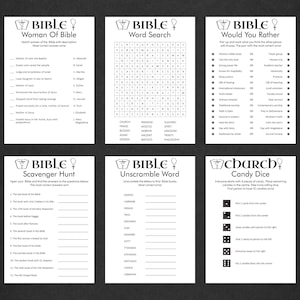 May include: A printable Bible-themed game set with six different activities: Woman of the Bible, Word Search, Would You Rather, Scavenger Hunt, Unscramble Word, and Church Candy Dice. The games are designed for a group of people to play together.